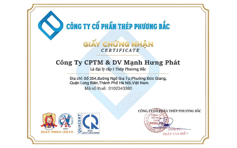 Chứng nhận từ Công ty cổ phần Thép Phương Bắc